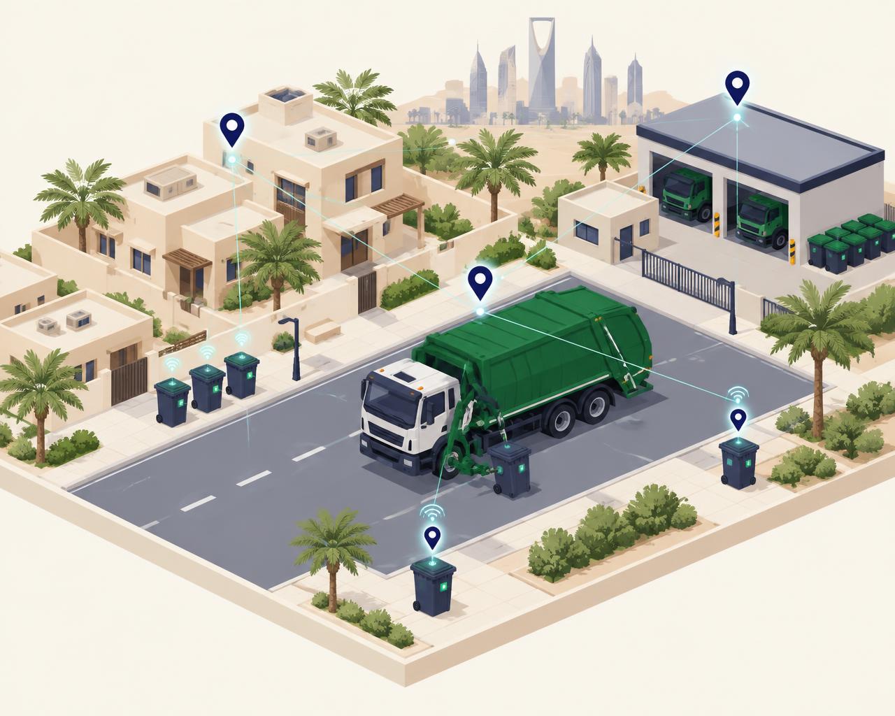 Illustration of a smart waste truck collecting RFID-tagged bins in a Riyadh neighbourhood